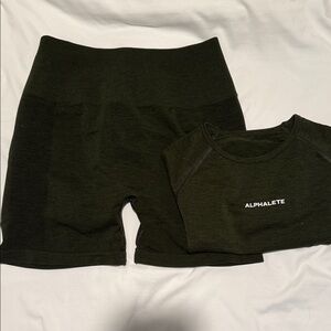 Alphalete Seamless Olive Green Crop Top and Biker Shorts - Size M